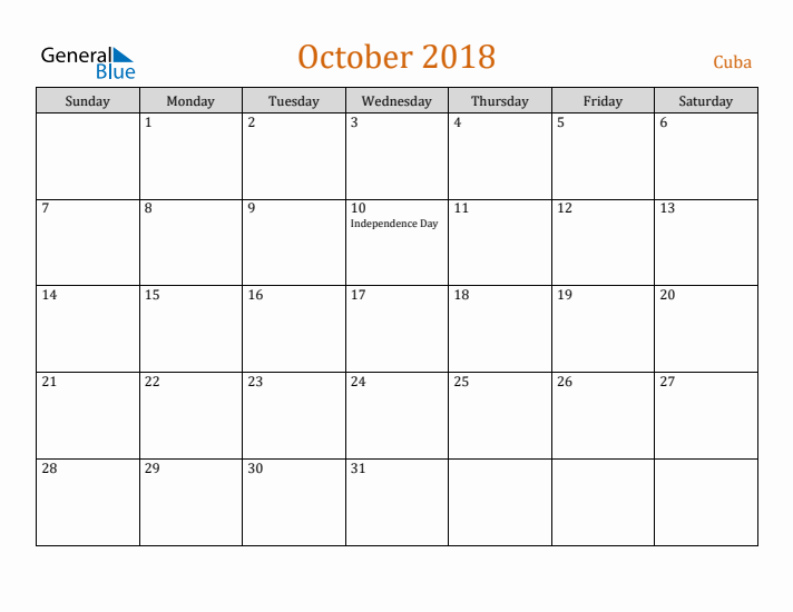 October 2018 Holiday Calendar with Sunday Start