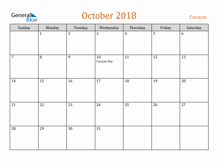 October 2018 Holiday Calendar with Sunday Start