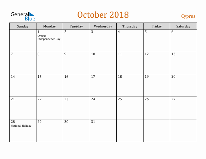 October 2018 Holiday Calendar with Sunday Start