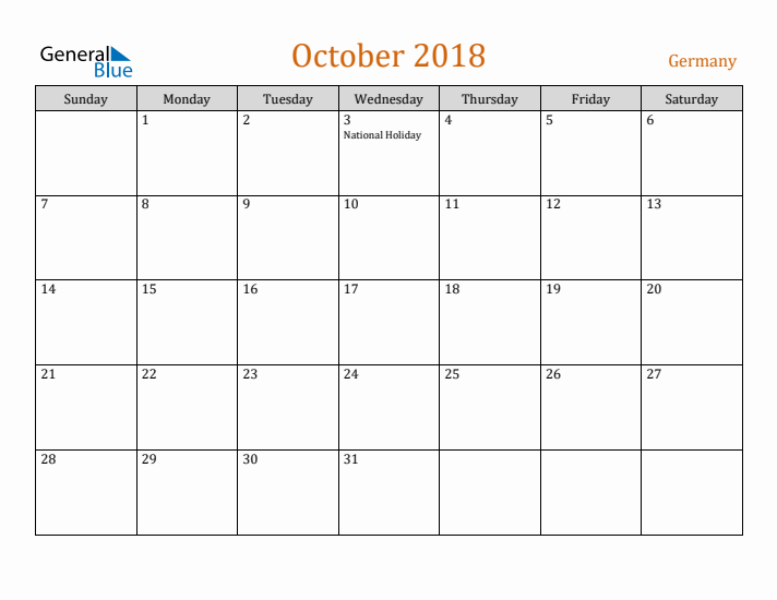 October 2018 Holiday Calendar with Sunday Start