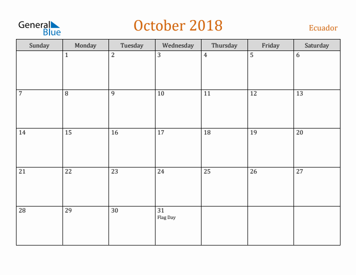 October 2018 Holiday Calendar with Sunday Start