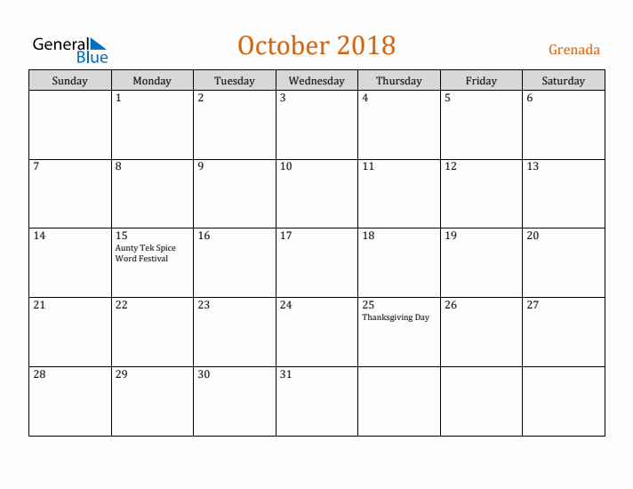 October 2018 Holiday Calendar with Sunday Start