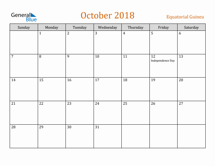 October 2018 Holiday Calendar with Sunday Start