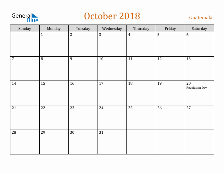 October 2018 Holiday Calendar with Sunday Start