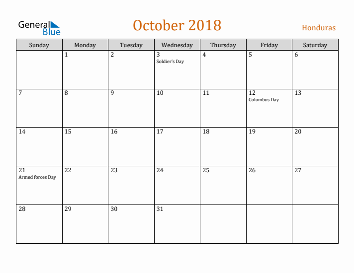 October 2018 Holiday Calendar with Sunday Start