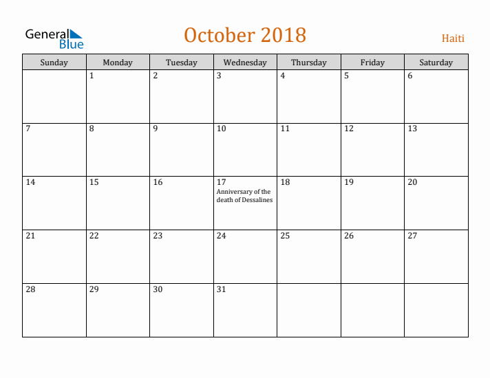 October 2018 Holiday Calendar with Sunday Start