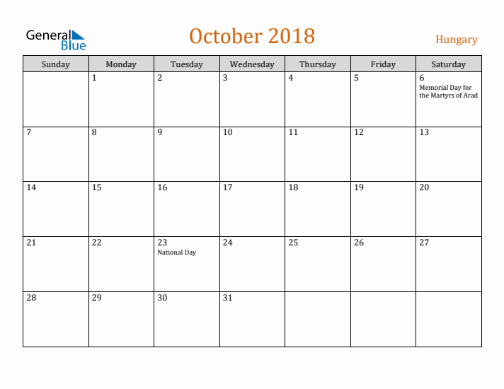 October 2018 Holiday Calendar with Sunday Start