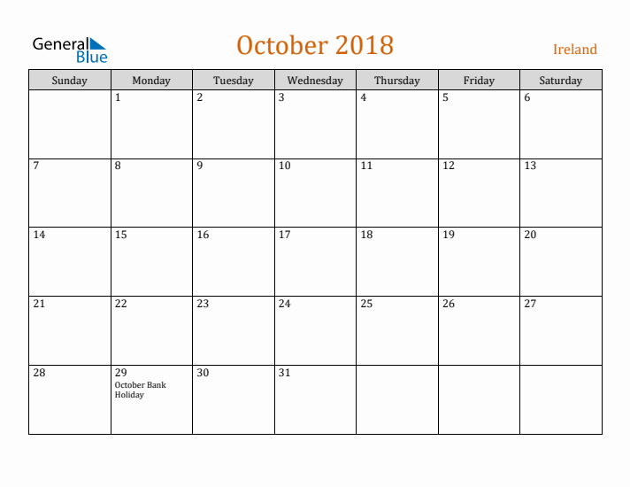 October 2018 Holiday Calendar with Sunday Start