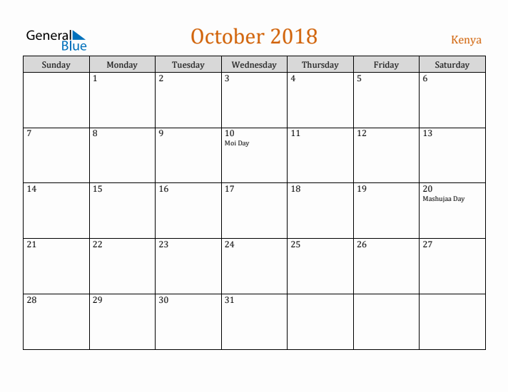 October 2018 Holiday Calendar with Sunday Start