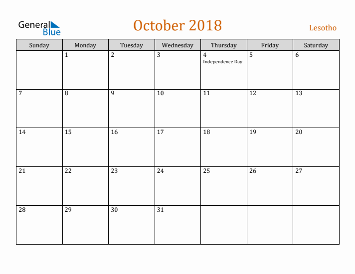 October 2018 Holiday Calendar with Sunday Start