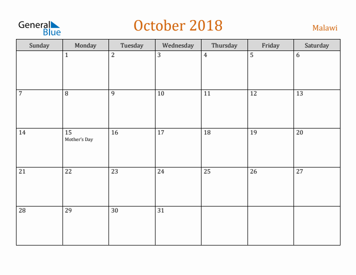 October 2018 Holiday Calendar with Sunday Start