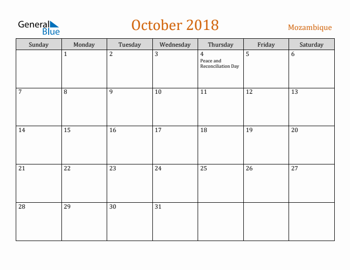 October 2018 Holiday Calendar with Sunday Start