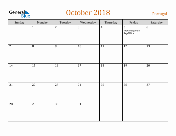 October 2018 Holiday Calendar with Sunday Start