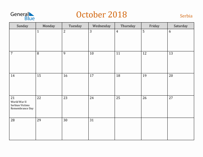 October 2018 Holiday Calendar with Sunday Start