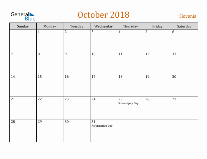 October 2018 Holiday Calendar with Sunday Start