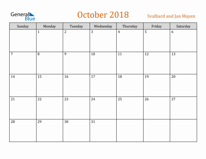 October 2018 Holiday Calendar with Sunday Start