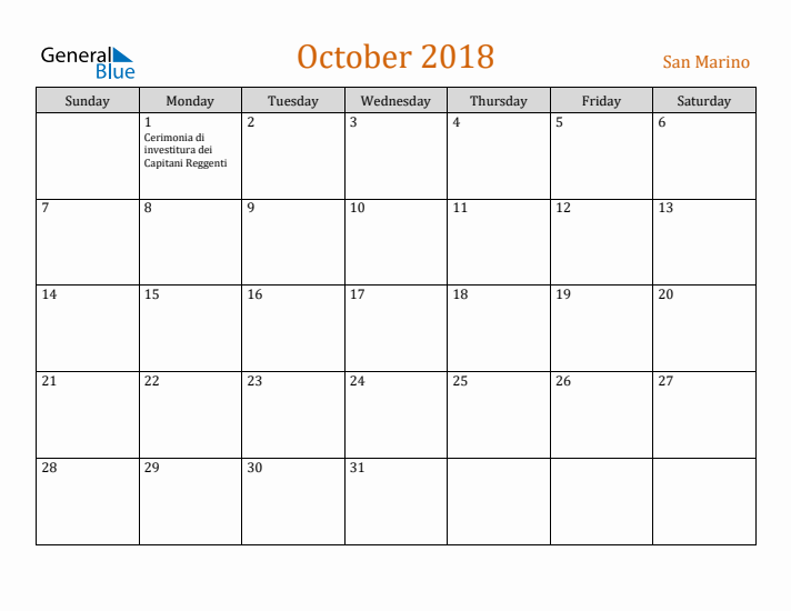 October 2018 Holiday Calendar with Sunday Start