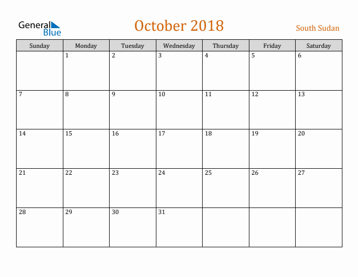 October 2018 Holiday Calendar with Sunday Start