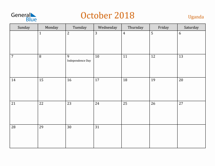 October 2018 Holiday Calendar with Sunday Start