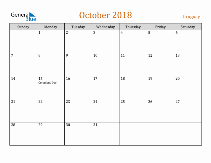 October 2018 Holiday Calendar with Sunday Start