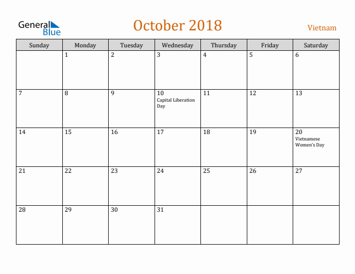 October 2018 Holiday Calendar with Sunday Start