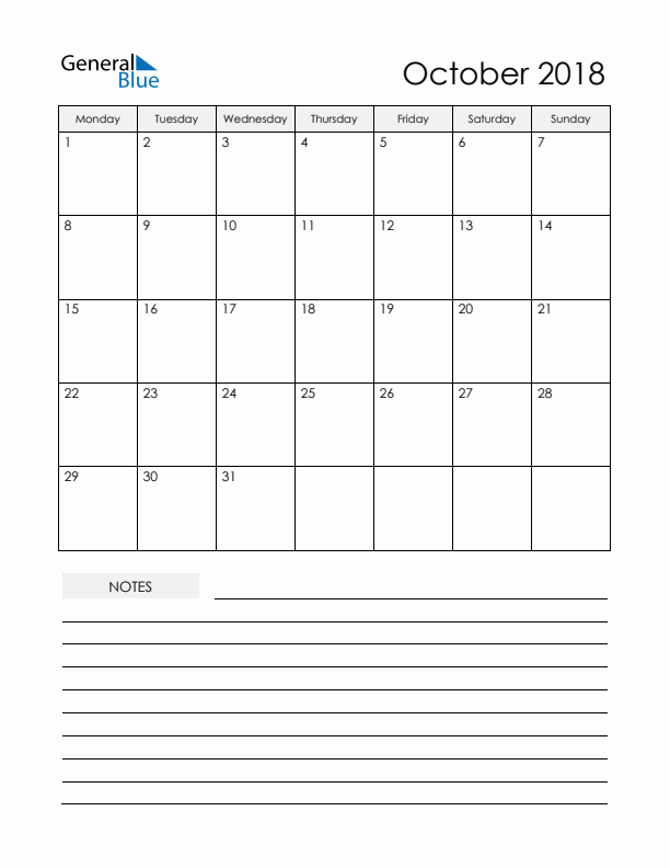 Printable Calendar with Notes - October 2018 