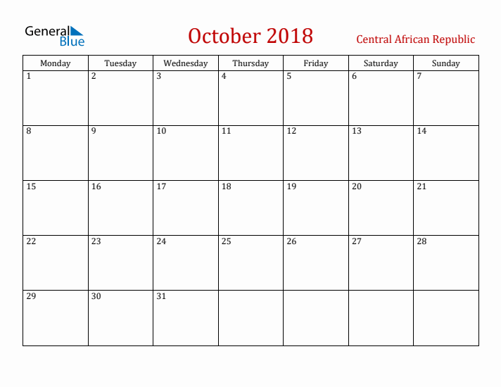 Central African Republic October 2018 Calendar - Monday Start