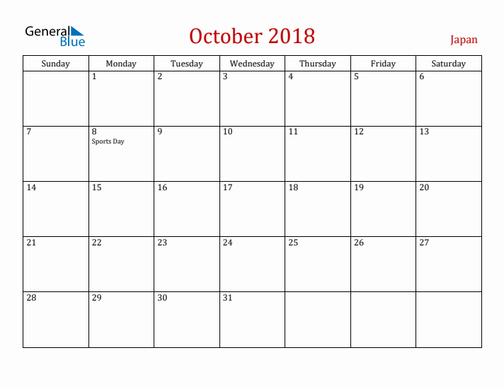 Japan October 2018 Calendar - Sunday Start