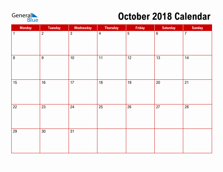 Simple Monthly Calendar - October 2018