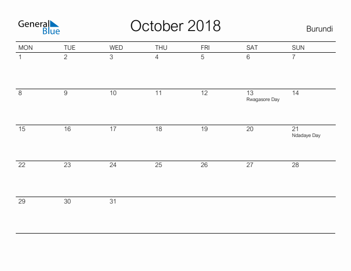 Printable October 2018 Calendar for Burundi