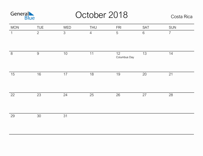 Printable October 2018 Calendar for Costa Rica