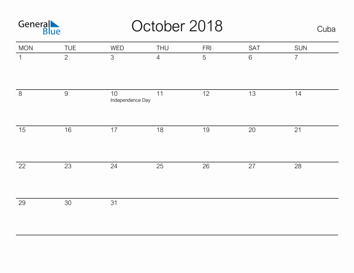 Printable October 2018 Calendar for Cuba