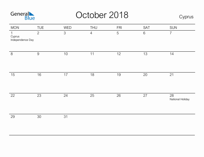 Printable October 2018 Calendar for Cyprus