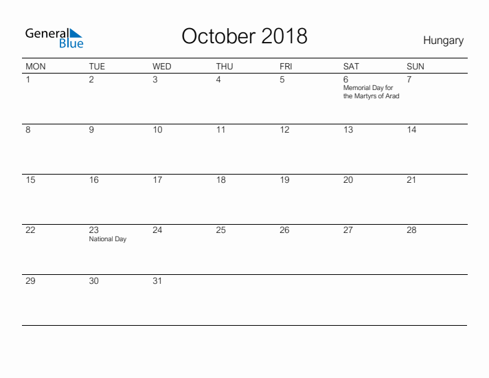 Printable October 2018 Calendar for Hungary