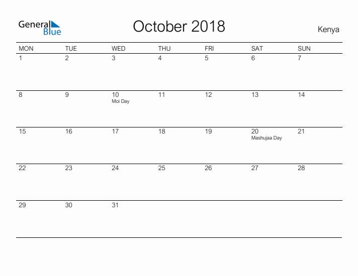 Printable October 2018 Calendar for Kenya