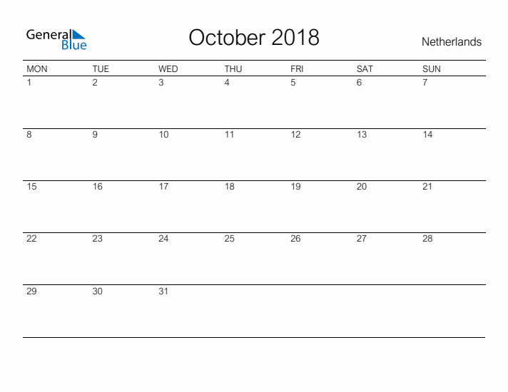 Printable October 2018 Calendar for The Netherlands