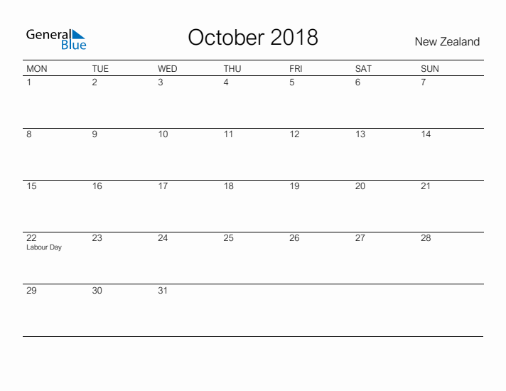 Printable October 2018 Calendar for New Zealand