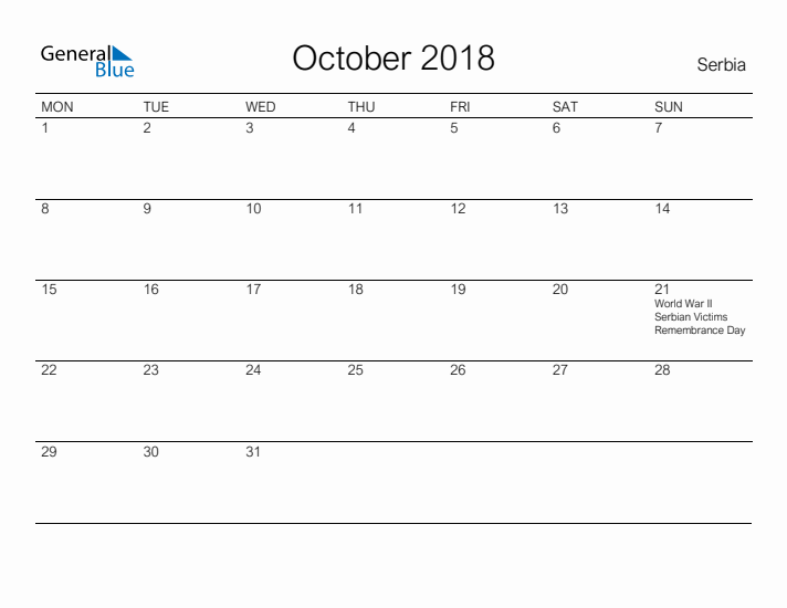 Printable October 2018 Calendar for Serbia