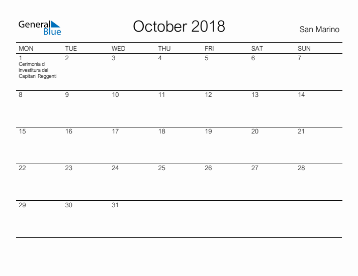 Printable October 2018 Calendar for San Marino