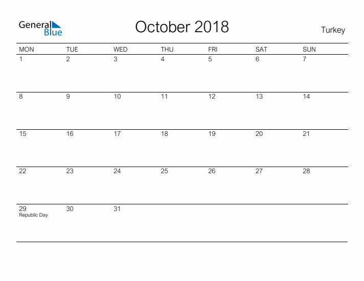 Printable October 2018 Calendar for Turkey