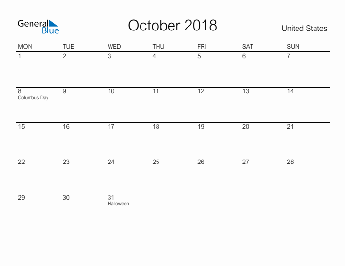 Printable October 2018 Calendar for United States