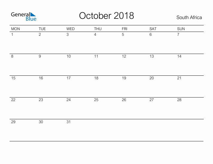 Printable October 2018 Calendar for South Africa