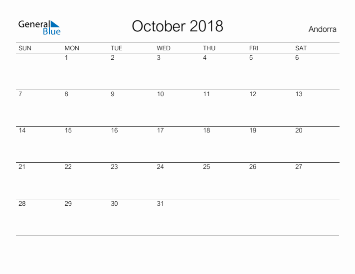 Printable October 2018 Calendar for Andorra