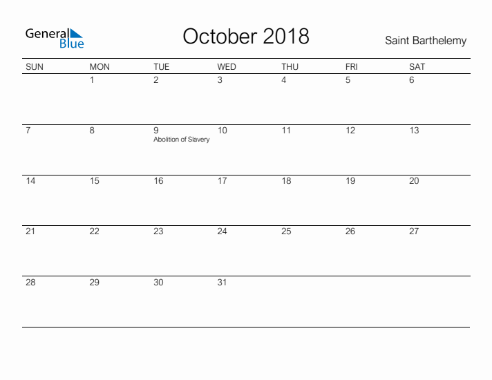 Printable October 2018 Calendar for Saint Barthelemy