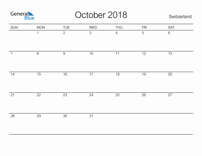 Printable October 2018 Calendar for Switzerland