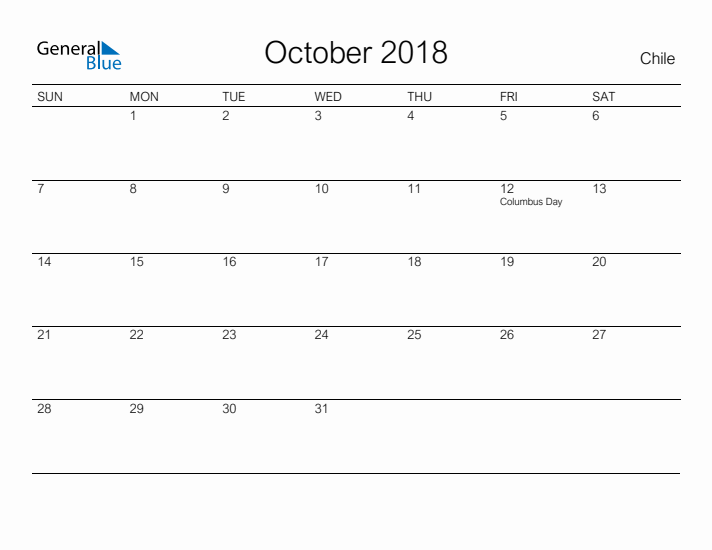 Printable October 2018 Calendar for Chile