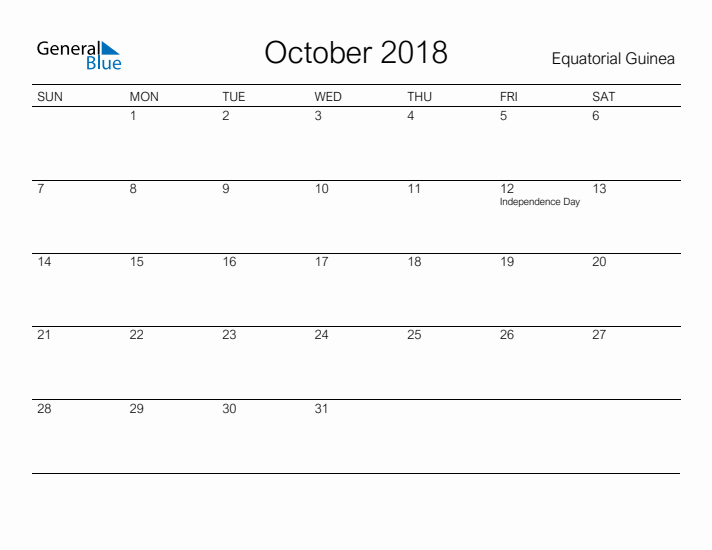 Printable October 2018 Calendar for Equatorial Guinea