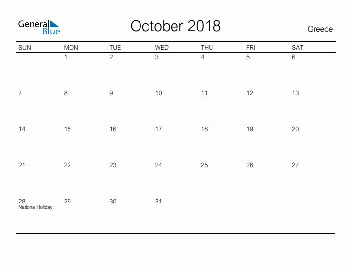 Printable October 2018 Calendar for Greece