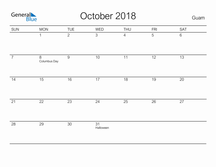 Printable October 2018 Calendar for Guam