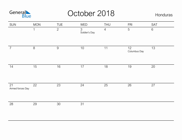 Printable October 2018 Calendar for Honduras